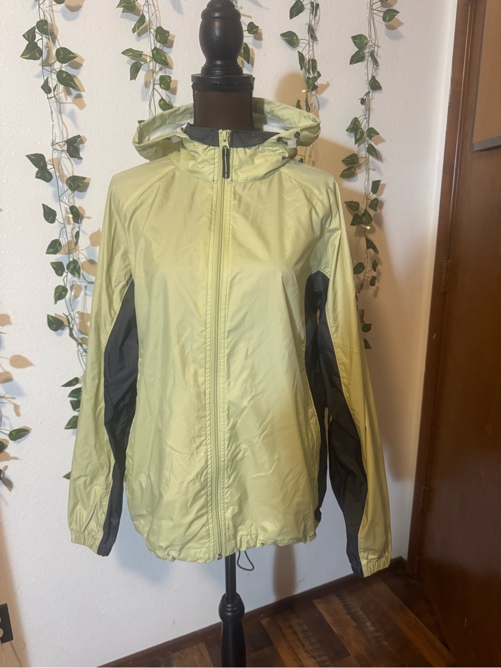 Columbia Lime Green Hooded light zip up with Dark Gray Panels